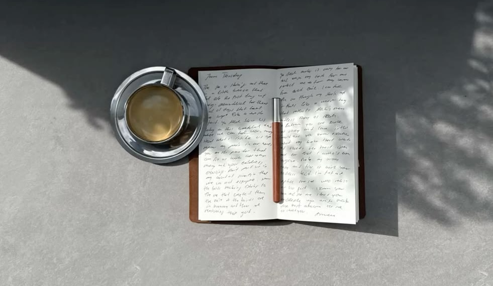A RUME latte beside an open journal on a calm morning table